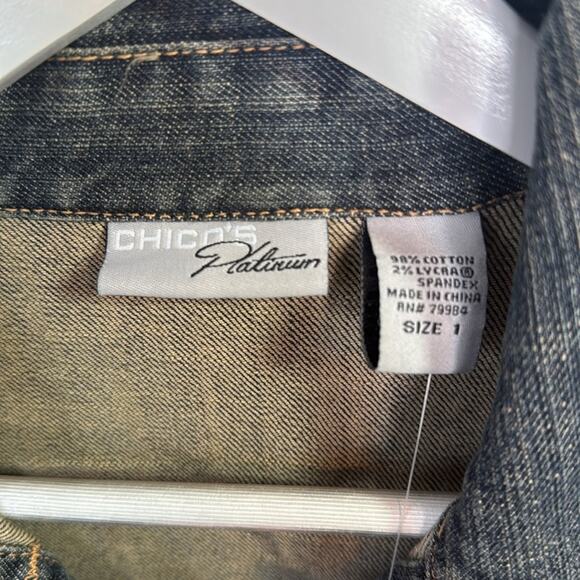 Chicos Platinum Denim Crystal Studded Medium Wash Jean Jacket W1123 Sz M - Picture 5 of 9